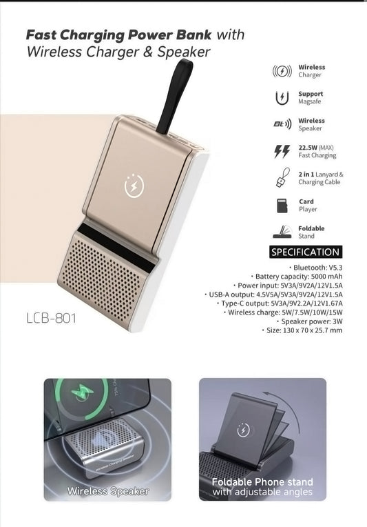 Fast Charging Power Bank with Wireless Charger & Speaker